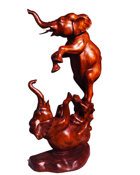 Wooden 2 Elephant, hand carved from Suar wood 16.6" x 10"