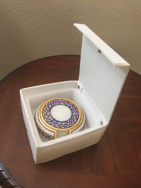 Coaster Marble Round 4" dia x 3 1/2" H set of 6 in Round Box in Blue Artwork