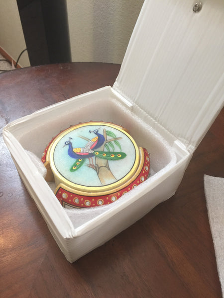 Coaster Marble Round 4" dia x 3 1/2" H set of 6 in Square Marble Box- Peacock