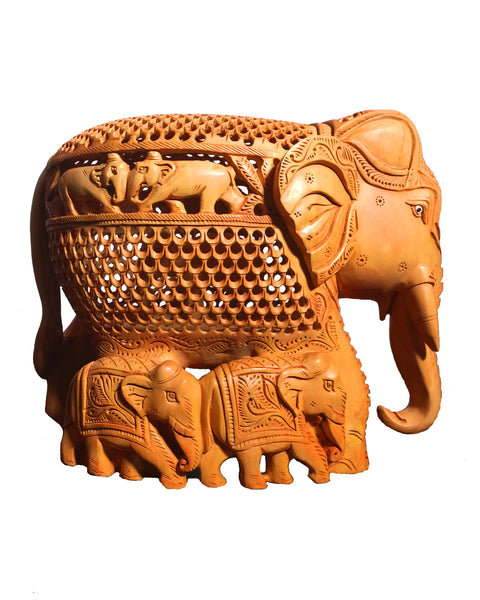 Elephant Carved Whitewood 8" Height Trunk Down with Baby elephants